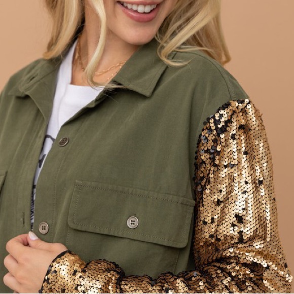 You’ve Got That Spark Gold Sequin Olive Utility Jacket - Picture 4 of 4